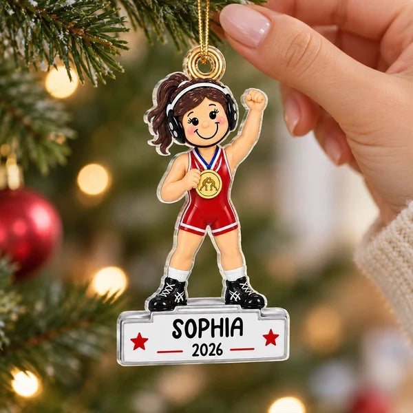 Personalized Acrylic Ornament, Red Cartoon Girl Wrestler Raising Her Fist, Unique Gift for Daughter