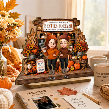 Custom Wooden Plaque, Besties Forever Friends Holding Coffee, Creative Friendship Gift For Fall Decor