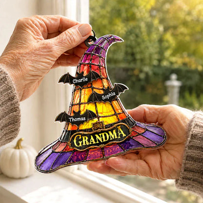 Personalized Acrylic Suncatcher Ornament, Grandma Witch Hat With Bats, Unique Halloween Gift