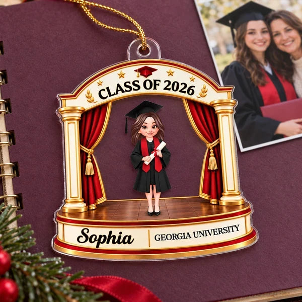 Personalized Acrylic Ornament, Female Graduate on Stage, Red and Gold Unique Creative Christmas Gift for Graduate