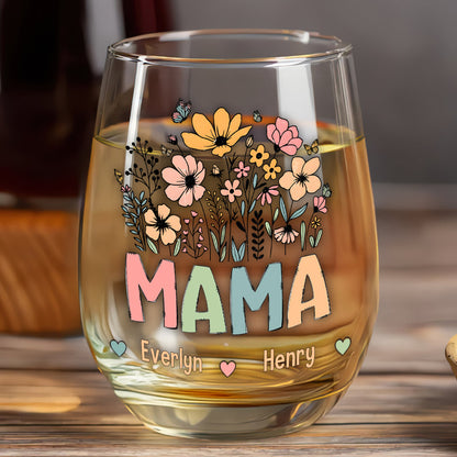 Personalized Wine Glass for Grandma with Colorful Flower Design, Customizable with Names of Grandchildren, Ideal Gift for Grandmothers on Special Occasions