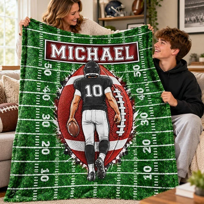 Personalized Fleece Blanket, Football Player Walking on Green Field, Unique Gift for Son or Grandson