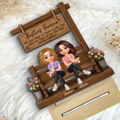 Personalized Besties Forever 2-Layer Wooden Plaque, Seated Friends With Coffee, Unique Gift for Best Friend