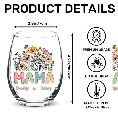 Personalized Wine Glass for Grandma with Colorful Flower Design, Customizable with Names of Grandchildren, Ideal Gift for Grandmothers on Special Occasions