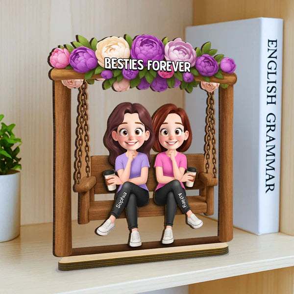 Personalized Layered Wooden Plaque, Friends On Swing Flower Art, Unique Creative Gift For Sister