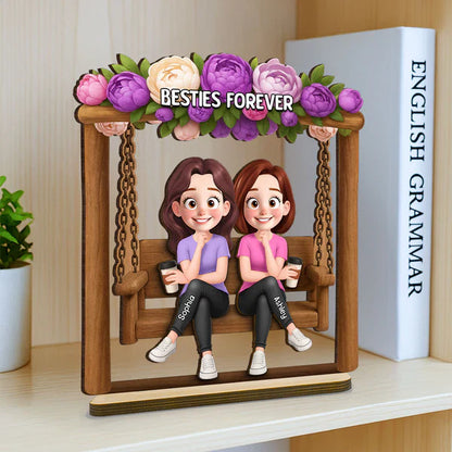 Personalized Layered Wooden Plaque, Friends On Swing Flower Art, Unique Creative Gift For Sister