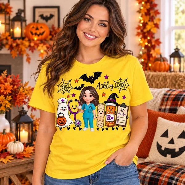 Classic Tee with Personalized Halloween Nurse Holding Coffee, Playful Medical Art, Creative Gift for a Nurse