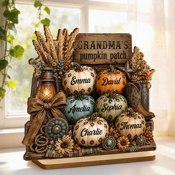 Personalized 2-Layer Wooden Plaque, Grandma's Leopard Pumpkin Patch Fall Decor, Unique Gift for Grandma