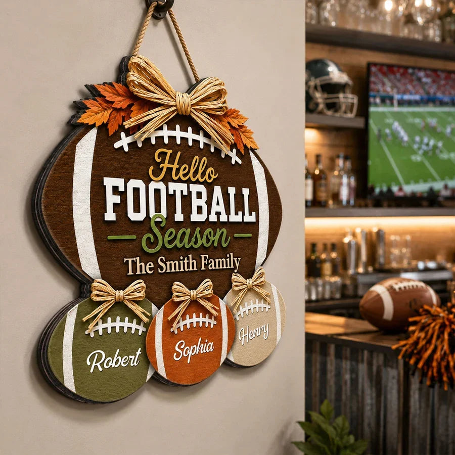 Wooden Sign with Football and Fall Leaves, Personalized Family Decor, Creative Gift for American Football Fans