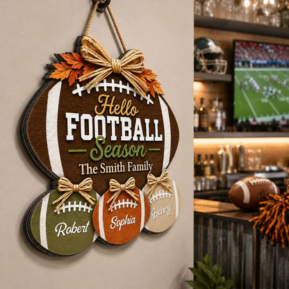Wooden Sign with Football and Fall Leaves, Personalized Family Decor, Creative Gift for American Football Fans