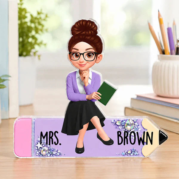 Personalized Shaped Acrylic Block Plaque, Teacher Sitting On Pencil, Unique Gift For Teacher Desk Decor