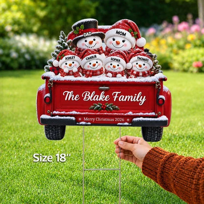 Personalized Shaped Yard Sign, Snowman Family Riding in a Red Truck, Christmas Decor, Unique Gift for Family