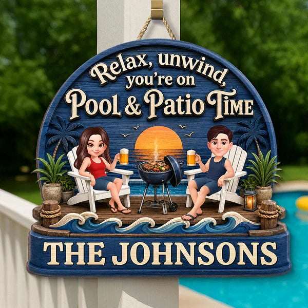 Personalized Wooden Sign, Couple Relaxing by Pool & Patio, Unique Gift for Outdoor Decor