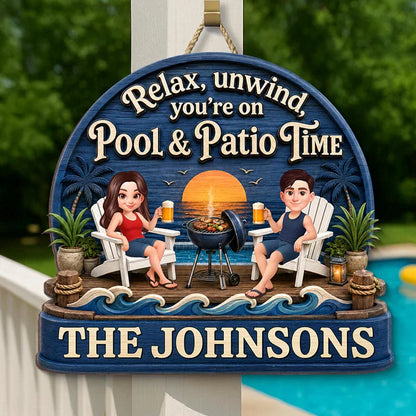 Personalized Wooden Sign, Couple Relaxing by Pool & Patio, Unique Gift for Outdoor Decor