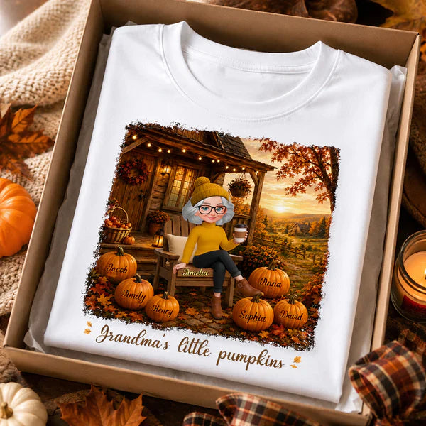 Personalized Classic Tee, Grandma Sitting on Fall Porch, Unique Gift from Grandkids