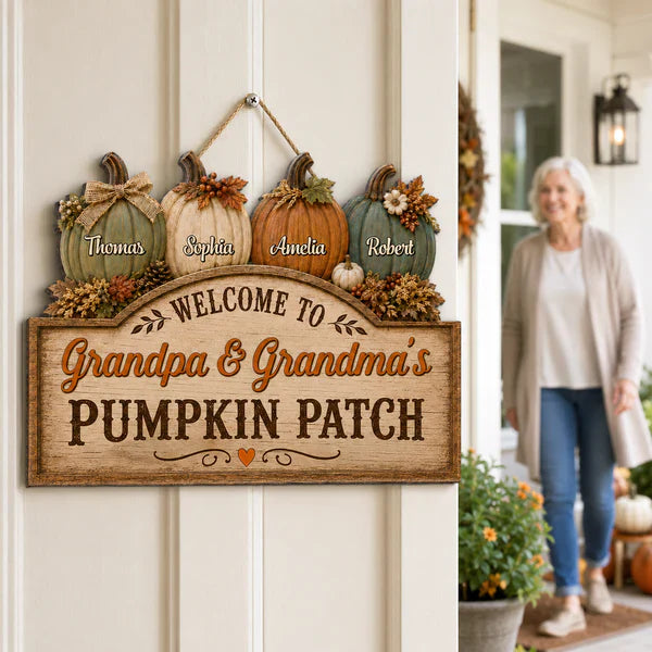 Personalized Wooden Sign, Grandma & Grandpa Pumpkin Patch Door Decor, Unique Fall Gift
