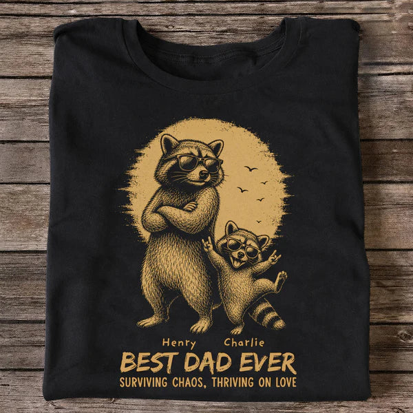 Personalized Classic Tee With Sunglasses Raccoon Dad & Kid Art, Unique Father's Day Gift for Dad