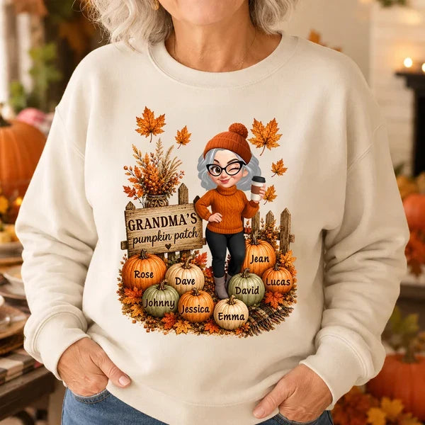 Personalized Classic Tee, Coffee-Holding Grandma in a Warm Orange Pumpkin Patch, Unique Fall Gift for Grandma