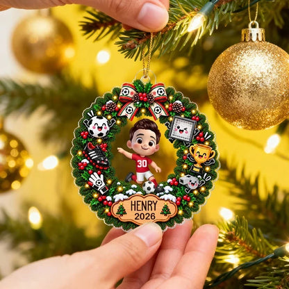 Personalized Acrylic Ornament, Festive Soccer Wreath with Running Player, Creative Gift for Players and Fans