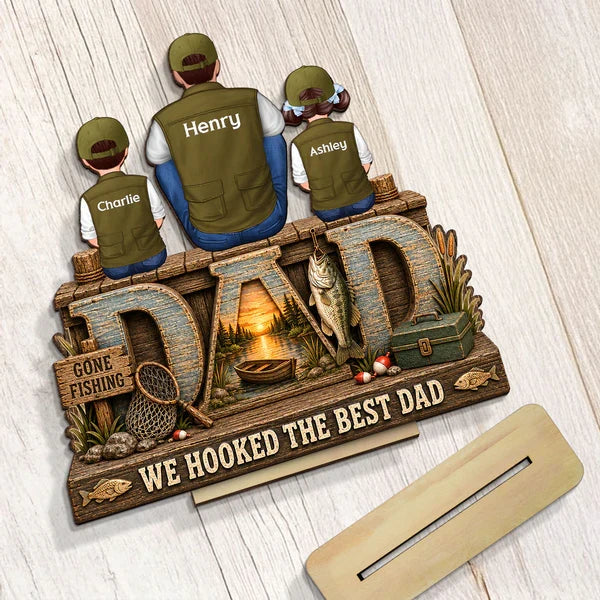 Personalized Layered Wooden Plaque For Fishing Dad, Family Sitting By The Lake, Unique Gift