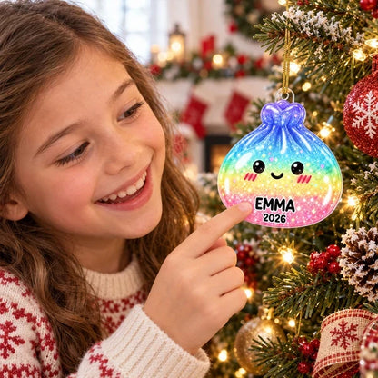 Personalized Acrylic Ornament, Smiling Dim Sum on a Lit Christmas Tree, Unique Creative Keepsake Gift for Family