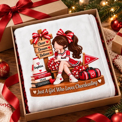Personalized Fleece Blanket with Sitting Cheerleader, Unique Gift for Daughter or Granddaughter