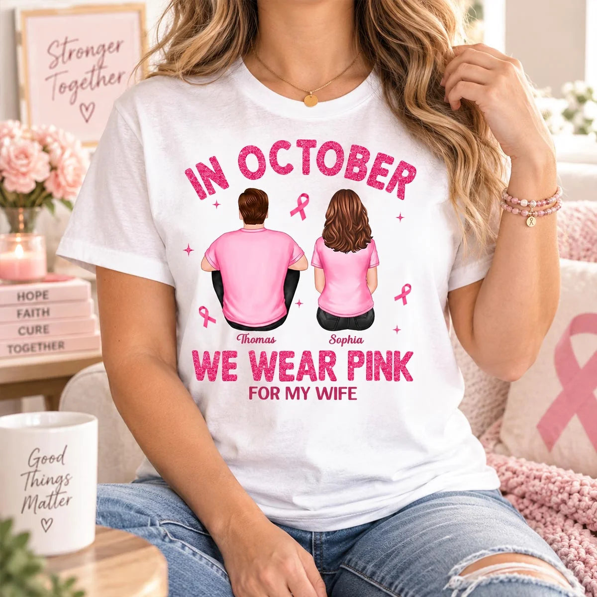 Personalized Classic Tee, Seated Couple in Pink October Design, Unique Breast Cancer Support Gift for Wife