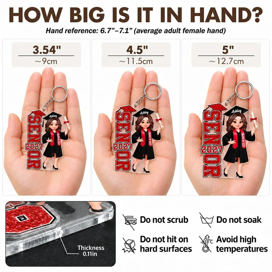 Personalized Acrylic Keychain, Red and Black Cartoon Graduate Holding Diploma, Unique Graduation Gift for Her