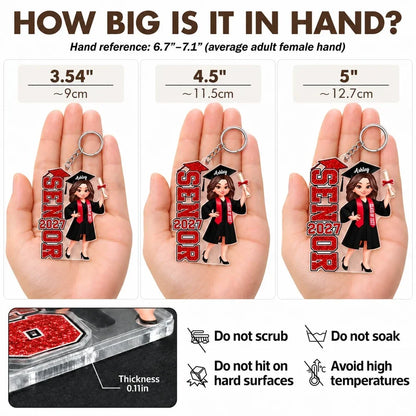 Personalized Acrylic Keychain, Red and Black Cartoon Graduate Holding Diploma, Unique Graduation Gift for Her