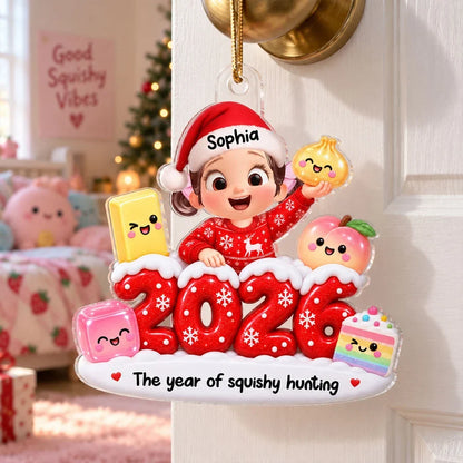 Personalized Acrylic Ornament, Smiling Child Holding Squishy Toys, Festive Tree Decor and Unique Gift for Kids