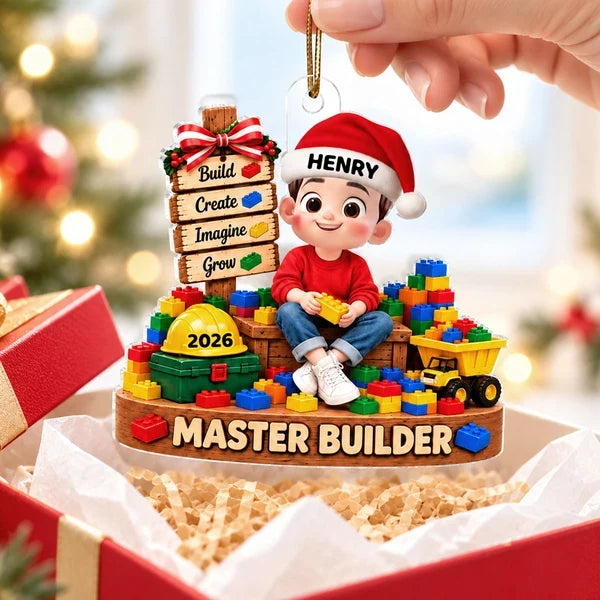 Personalized Acrylic Ornament, Cute Builder Kid Sitting with Blocks, Unique Christmas Gift for Son