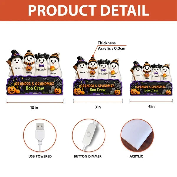 Personalized Acrylic Light Box, Smiling Ghost Boo Crew Halloween Decor, Unique Gift for Grandparents