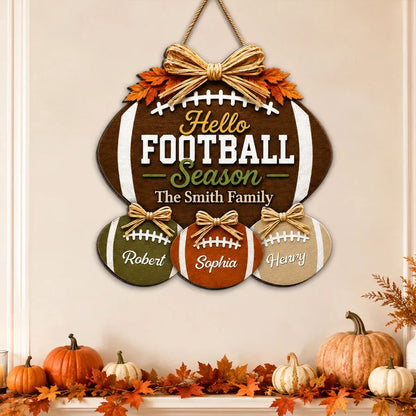Wooden Sign with Football and Fall Leaves, Personalized Family Decor, Creative Gift for American Football Fans