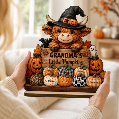 Personalized Highland Cow 2-Layer Wooden Plaque, Grandma's Little Pumpkins Fall Decor, Unique Gift for Grandma