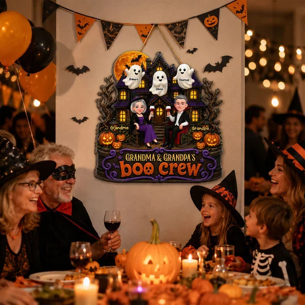 Personalized Wooden Sign With Seated Grandma & Grandpa, Haunted House Halloween Unique Gift