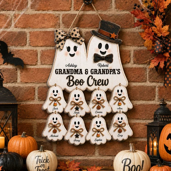 Personalized Wooden Sign with Cute Ghost Family, Rustic Halloween Door Decor, Unique Gift for Grandparents