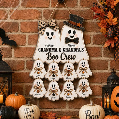 Personalized Wooden Sign with Cute Ghost Family, Rustic Halloween Door Decor, Unique Gift for Grandparents