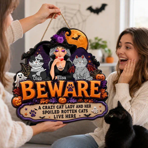 Personalized Wooden Sign, Crazy Cat Lady Halloween Witch & Cats Decor, Unique Creative Gift for Cat Lovers