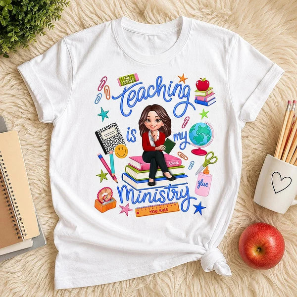 Personalized Teaching Is My Ministry Classic Tee, Creative Teacher Gift With Bright Classroom Art