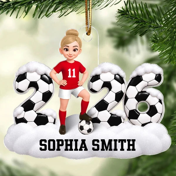 Personalized Acrylic Ornament, Cartoon Soccer Player Posing with Ball, Unique Christmas Gift for Son