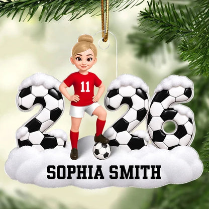 Personalized Acrylic Ornament, Cartoon Soccer Player Posing with Ball, Unique Christmas Gift for Son