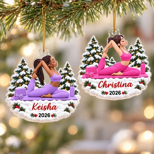 Personalized Acrylic Ornament, Pink Yoga Woman with Snowy Christmas Trees, Unique Gift for Yoga Lovers