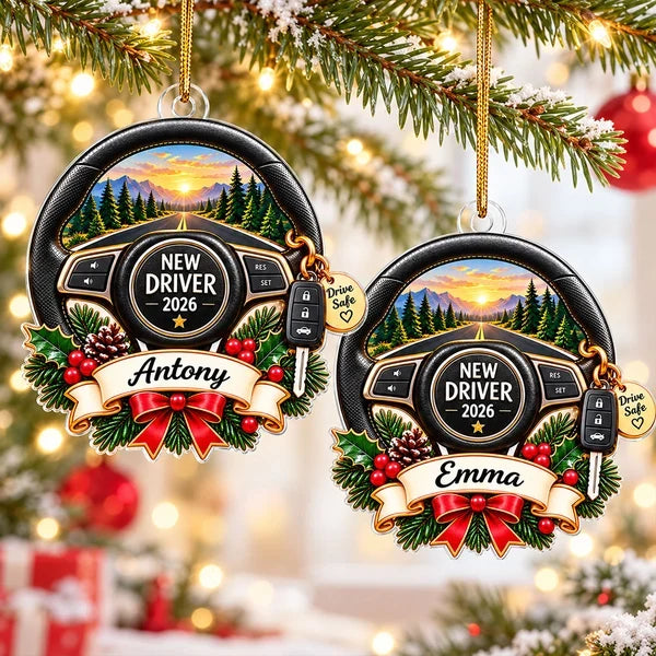 Personalized Acrylic Ornament, New Driver Steering Wheel on a Sunset Mountain Road, Unique Gift