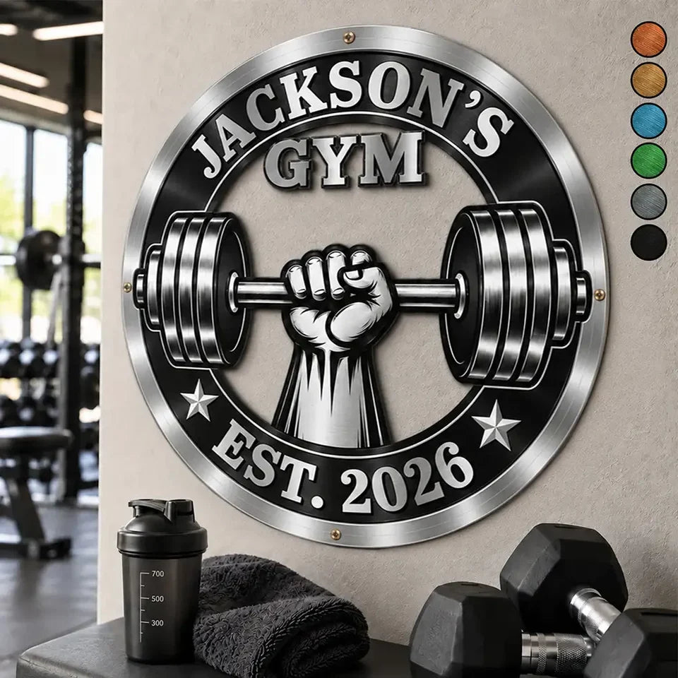 Personalized Shaped Metal Sign with Gripping Fist and Barbell, Unique Gift for Gym Lovers