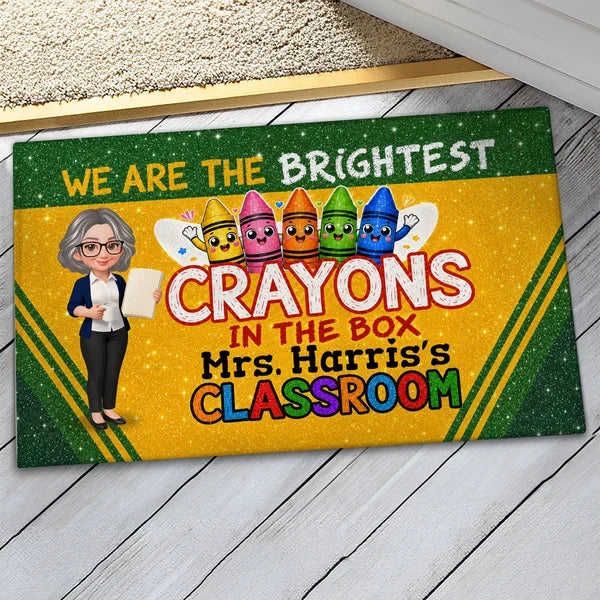 Personalized Standard Doormat, Teacher Holding Papers & Colorful Crayons, Unique Classroom Gift