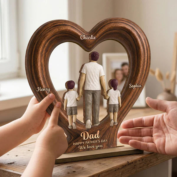 Heart Frame Wooden Plaque With Dad & Kids Holding Hands, Custom We Love You Creative Gift
