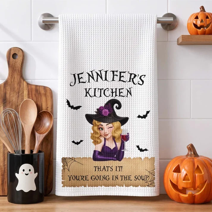Personalized Kitchen Towel with Winking Witch and Bats, Unique Halloween Gift for Home Cooks