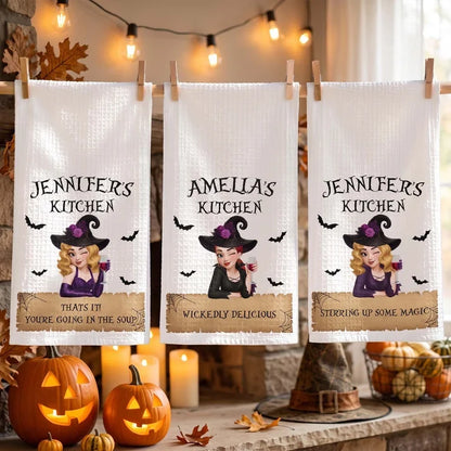 Personalized Kitchen Towel with Winking Witch and Bats, Unique Halloween Gift for Home Cooks