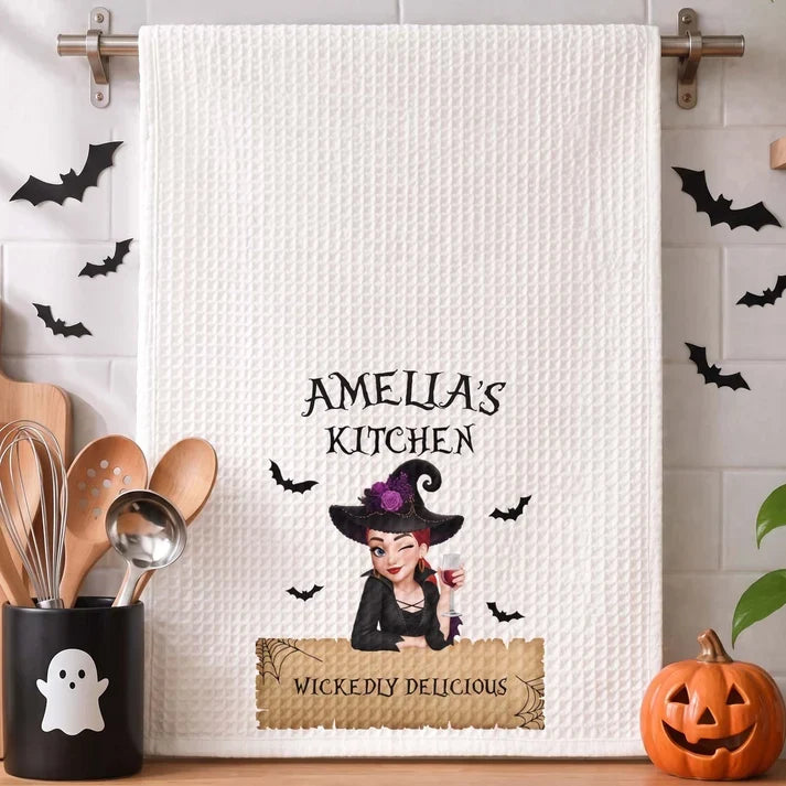Personalized Kitchen Towel with Winking Witch and Bats, Unique Halloween Gift for Home Cooks