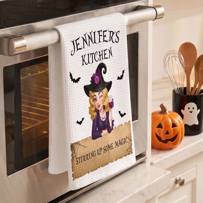 Personalized Kitchen Towel with Winking Witch and Bats, Unique Halloween Gift for Home Cooks